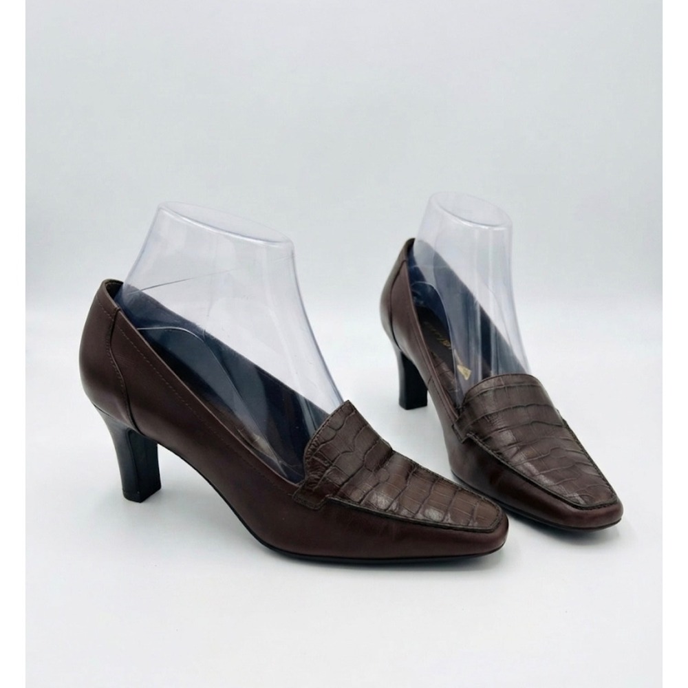 Easy Spirit Brown Leather Croc Embossed Square Toe Loafer Pumps Heels Womens 7